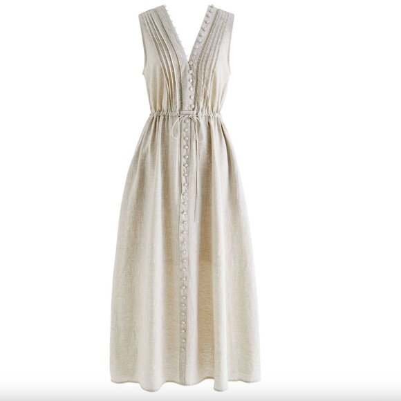 CHICWISH - V-Neck Buttoned Sleeveless Dress in Linen - XS - Picture 2 of 8